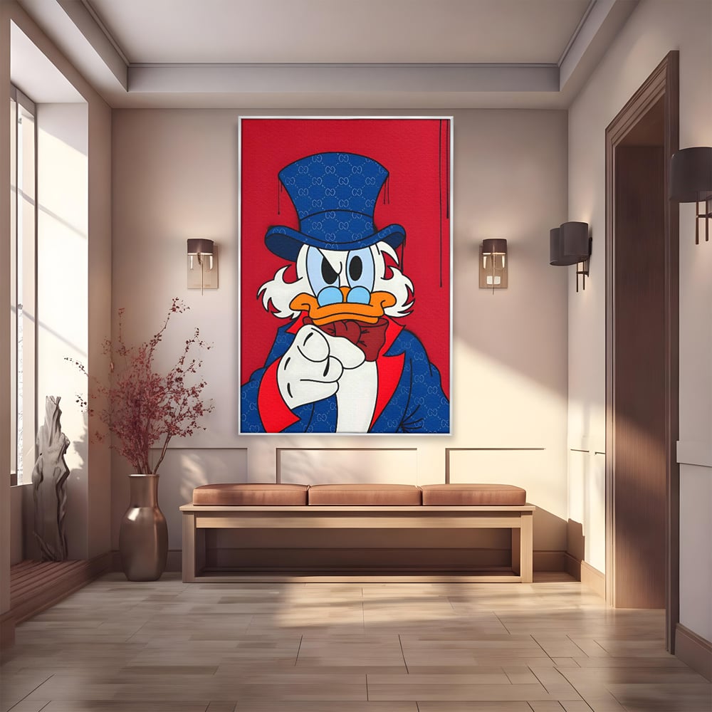 Tablou canvas cu ilustratie cu personajul scrooge mcduck, in rama de aluminiu argintiu